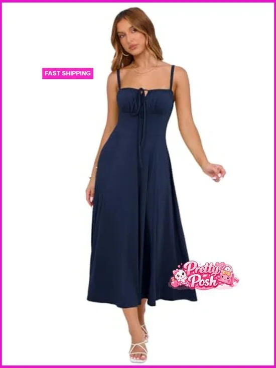 Corset Midi Dress with Adjustable Spaghetti Straps and Lace-Up Front - Picture 5 of 6